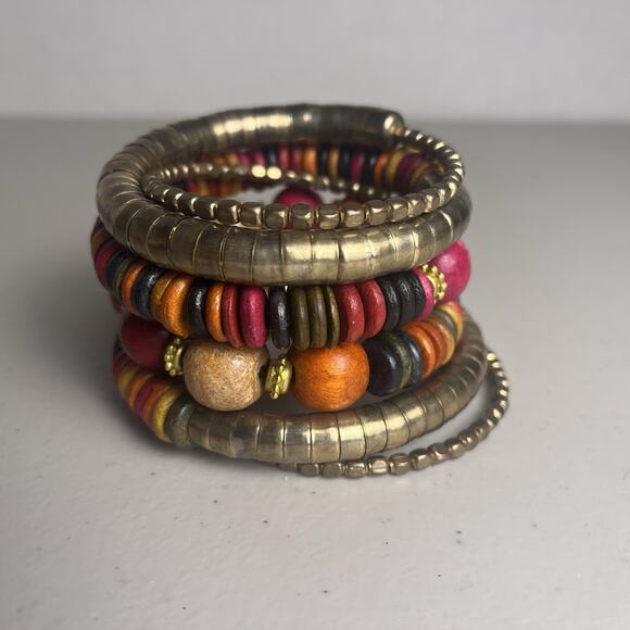 Vintage Wooden Wood Bead Coil Wrap Bracelet Brass Tone Stacking Beaded Bangle - Picture 5 of 13